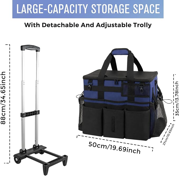 SCAVATA Rolling Cleaning Caddy Bag with Detachable Trolley, Large Cleaning Supplies Organizer with Wheels, Multi-Pocket Cleaning Cart with Adjustable Shoulder Strap for Housekeepers (NavyBlue) - Image 5