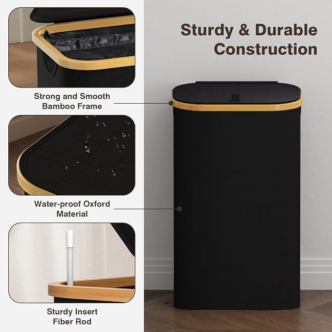 Laundry Hamper with Lid, Laundry Basket with Removable Bag, Black | 100L Large Dirty Clothes Hamper with Handle, Freestanding Bamboo Laundry Hamper for Bedroom, Bathroom, Laundry Room - Image 6
