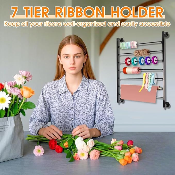 7-Tier Wall Mount Ribbon Holder Organizer Rack | Large Capacity Metal Ribbon Storage for Craft Room, Wrapping Paper, Scarf, Belt & Flower Shop Display - Image 7