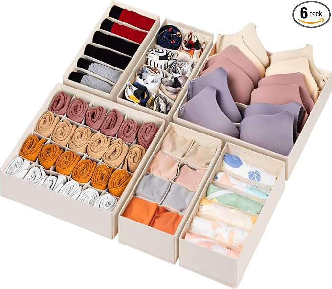 6 Pack Sock Underwear Drawer Organizer Dividers, 58 Cell Foldable Fabric Dresser Closet Organizers and Storage Bins for Clothing, Baby Clothes, Bra, Panty, Scarf, Ties (Beige) by Criusia