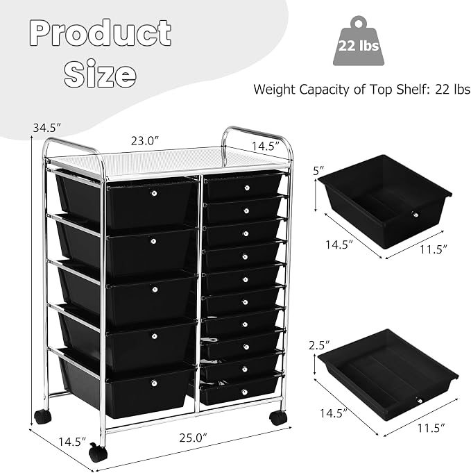 DREAMADE Rolling Cart with 15 Drawers, Clear Plastic Drawer Organizer w/Lockable Wheels, Removable & 2-Sized Storage Drawers, Art Cart for School Home Art Supplies Crafts File Scrapbook (Black) - Image 3