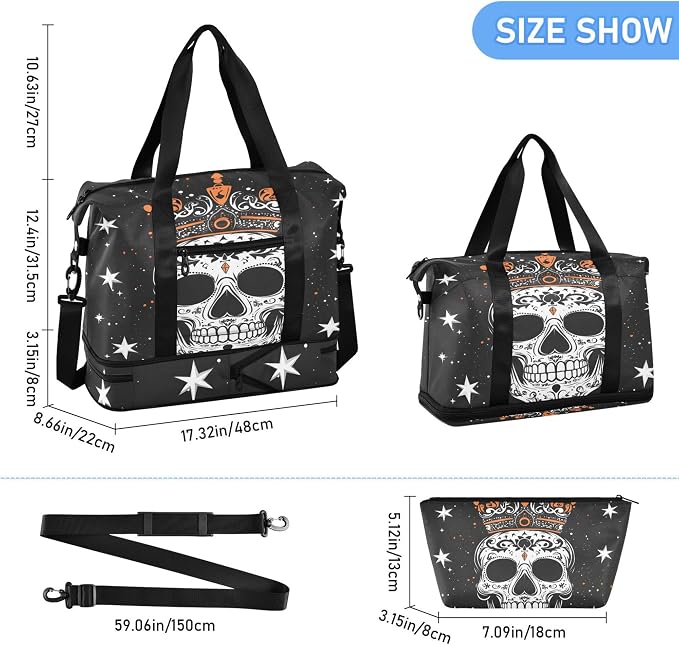 Travel Duffel Tote Bag Skull Star King Sports Duffel Bag with Wet Pocket Weekender Overnight Bag for Women Men Gym Bag, Carry On Bag Hospital Bag for Labor and Delivery - Image 6