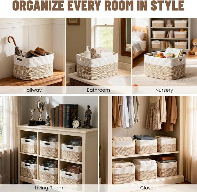 5 Pack Woven Storage Baskets, Decorative Storage Bins for Organizing | 13.8'' × 9.8'' × 7.9'', Cotton Rope Basket Organizer for Closet, Shelves, bathroom, Nursery, Toys, Books, Pantry, Khaki/White - Image 4