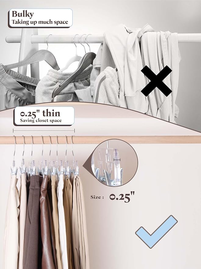 HOUSE DAY Heavy Duty Clear Pants Hangers 25 Pack, 14'' Skirt Hangers | No-Mark Clip Hangers with Stronger Grip, Adjustable Clips for Jeans, Pants, Skirts and Shorts, Bulk Closet Hangers - Image 6