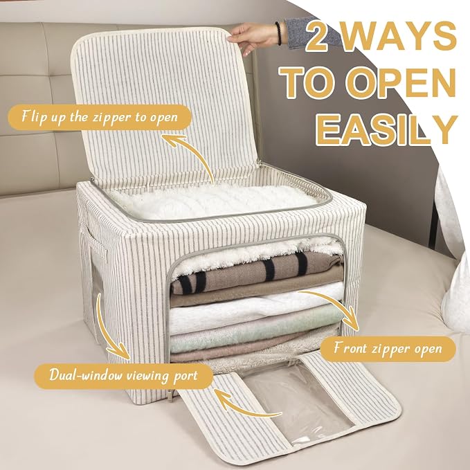 3 Pack Clothes Storage Bins with Metal Frame,Foldable Storage Bin with Lid for Clothes,Stackable Cotton Linen Fabric Organizer Set with Carrying Handles and Clear Window(Grey White Stripe, 66L) - Image 3