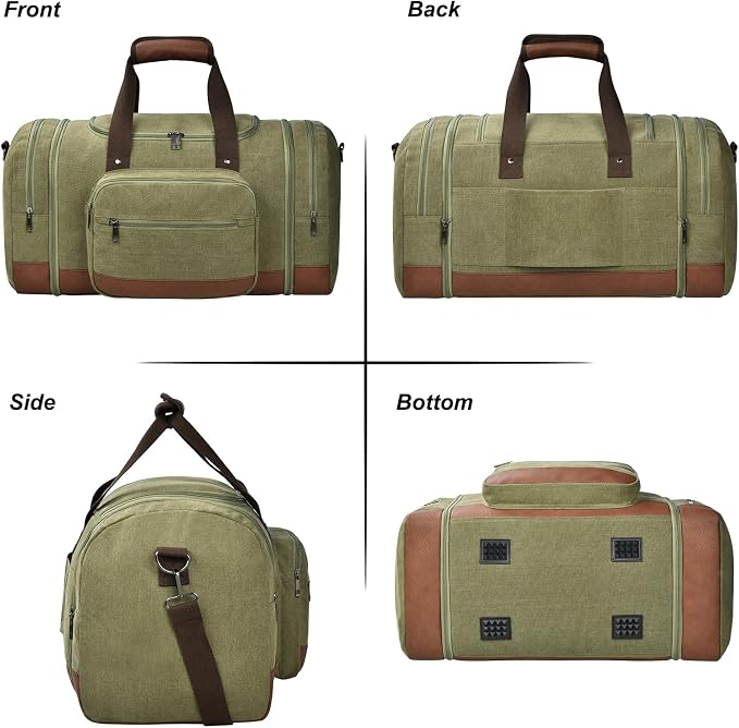 Litvyak 50L Canvas Duffle Bag for Travel Weekender Gym Overnight Carry-on | Expandable, Eco Certified, Leather Accents, Toiletry Bag Inclued, Travel Weekend Luggage Sports Duffel Bag for Women Men - Image 6
