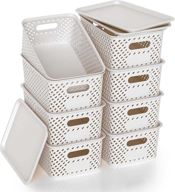 Plastic Storage Bins with Lid, Stackable Small Box Basket for Organizing and Containers for Shelves Drawers Desktop Closet Playroom Pantry Classroom Office Home, 8-pack 10.2x7.2x4.1 Inch, White by ZFTMRR