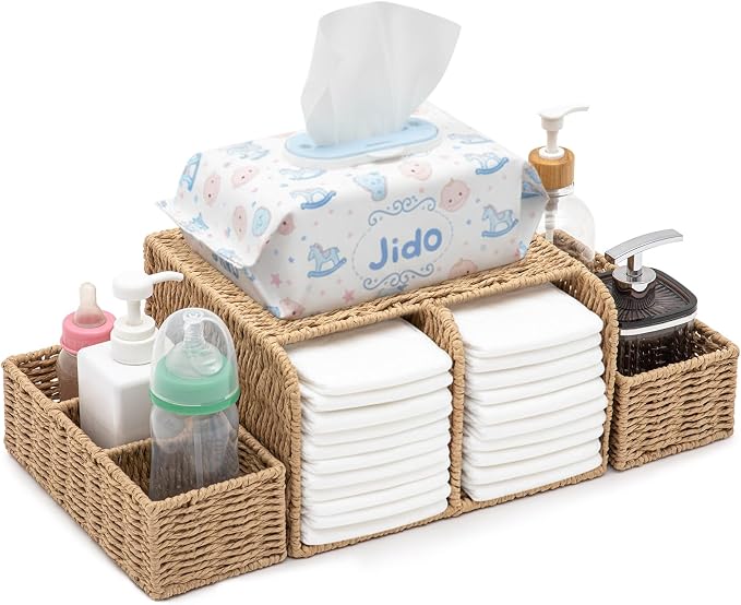 Large Wicker Diaper Caddy Organizer, Detachable Modular Changing Table Organizer for Nursery, Woven Diaper Storage Dispenser Basket for Nursery Diapering Baby Essentials Gift (Khaki,Paper) by Unknown