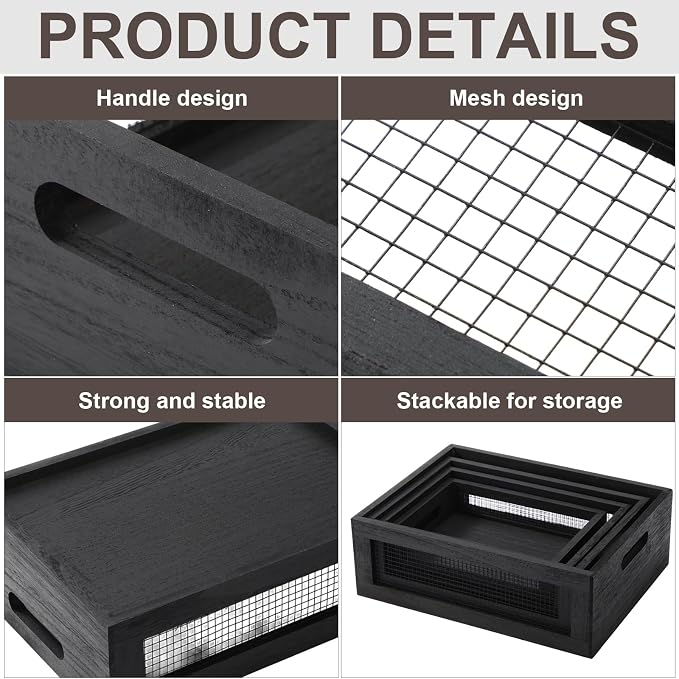 FillTouch 4 Pcs Wooden Nesting Countertop Baskets 4 Size Wooden Storage Box with Handle and Metal Wire Multipurpose Wood Organizer Crate for Fruit Vegetable Kitchen Cabinet Bathroom (Black,Small) - Image 3