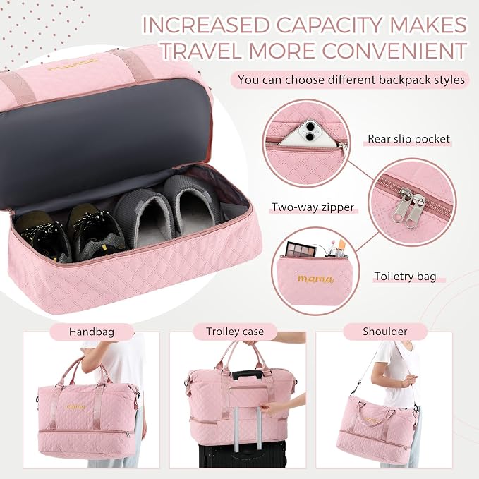 Dansydaisy Mama Hospital Bag for Women Labor Delivery,Pink | Travel Duffle Bag with Shoe Compartment and Toiletry Pouch Waterproof Weekender Bag for Women Pregnancy Overnight Gym Gift - Image 3