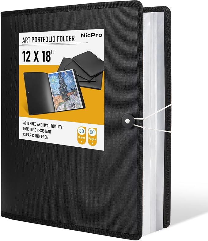 Nicpro 12x18 Art Portfolio Folder, 30 Pockets Art Painting Portfolio Binder | Display 60 Pages, Clear Plastic Sleeves, Presentation Storage Book for Artists Artwork Drawing, Black by Nicpro