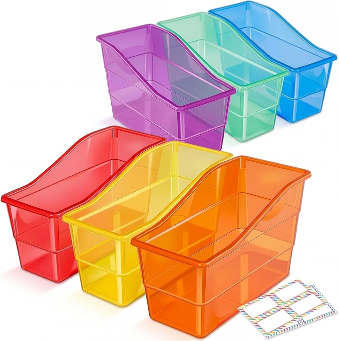 Blosssound 6 Set Book Bins for Classroom Stackable,Translucent Colorful | Plastic Baskets with Labels, Slanted Front, Library Supplies Organizers, Desktop Storage Bins, Teachers Home School Use by Blosssound
