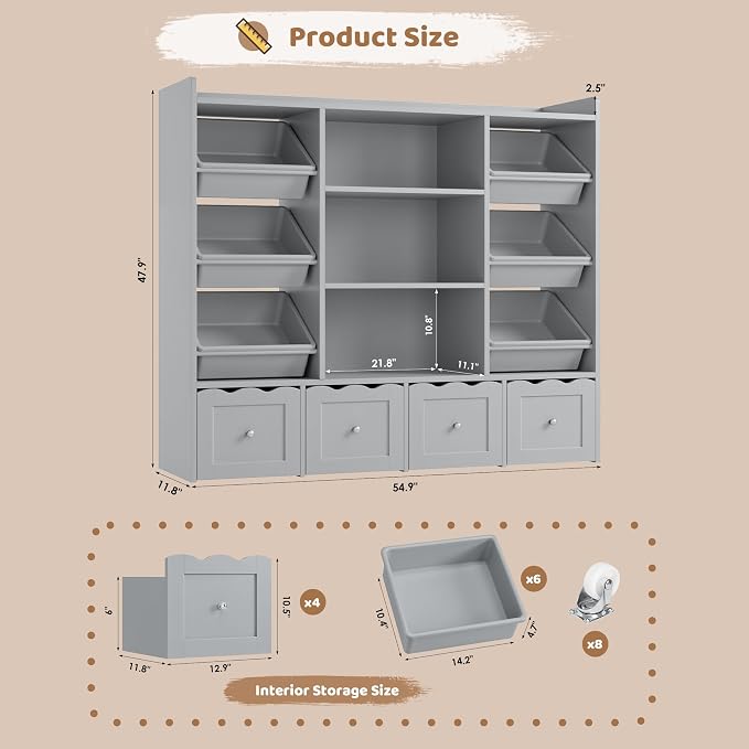 HITHOS 55" W Kids Toy Storage Organizer with 10 Toy Box & Book Shelf, Gray | Large Toy Organizers and Storage with Kids Bookshelf & 6 Plastic Toy Chests & 4 Movable Drawers for Kids Room, Playroom - Image 2