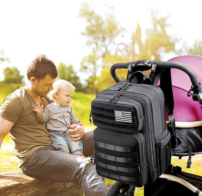 Large Dad Diaper Bag Backpack, Tactical Style, Black | Stroller Clips, Luggage Sleeve for Travel, Insulated Pockets - Image 2