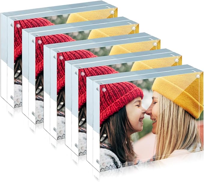 ILYXY 5 Pack Acrylic Frame 8x10, 20% Thicker, 24mm Thick Frameless Clear Picture Frame, Double Sided Magnetic Photo Frame, Free Standing Desktop Display Stand Acrylic Picture Frames by ILYXY