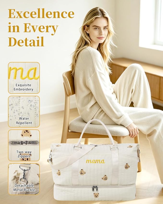 Mama Maternity Hospital Bag Essentials for Women Labor Delivery Baby Diaper Organizer with Shoe Compartment & Toiletry Pouch Travel Duffle Bag for Pregnancy Mommy Weekender Overnight Gifts,Beige Bear - Image 7