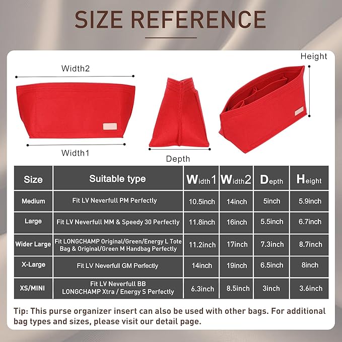 Purse Organizer Insert for Handbags & Base Shaper 2pc Set, Felt Neverfull PM Organizer Insert, Tote Bag Organizer with Zipper Pocket and Bottle Holder, Fit Neverfull PM and More, Red-M - Image 2