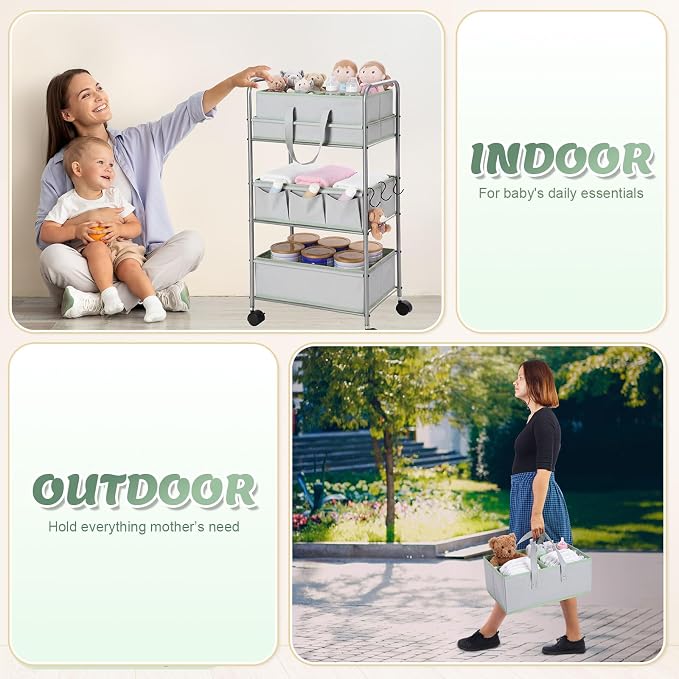 FoldTier 2in1 Colorful Baby Diaper Caddy Organizer Cart 3 Tier Large Capacity Metal Utility Bedside Rolling Cart with Divider for Newborn Nursery Essential Must Have Crib Bedroom Baby Shower(Green) - Image 4