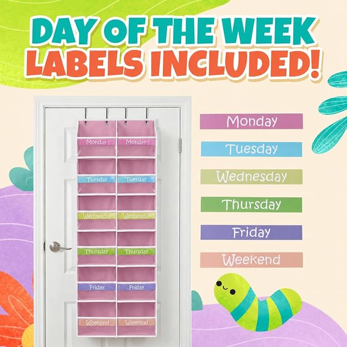 Housables Weekly Clothes Organizer for Kids, Kids Closet, 12 Shelf, Pink | Houseables Days of the Week Clothes Organizer, Daily Outfit Storage, Monday to Friday Clothing, Weekday, School, Door Hanging - Image 3