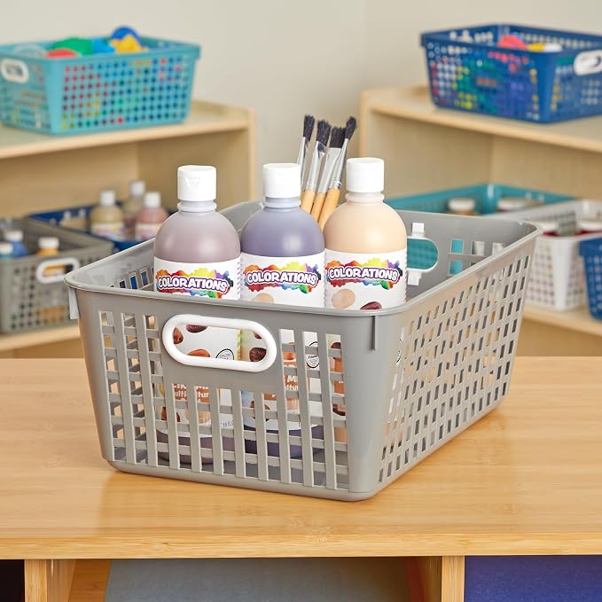 Really Good Stuff - 160016PE Multi-Purpose Plastic Storage Baskets for Classroom or Home Use - Stackable Mesh Plastic Baskets with Grip Handles 13" x 10" (Pebble - Set of 12) | Pebble, Classroom Library Organizer, Storage, Multi-Purpose Organizer Basket - Image 3