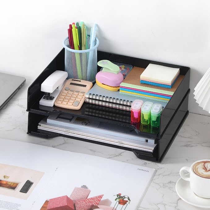 DoubleFill 2 Pcs Stackable Letter Tray Plastic Paper Tray, Black | 13 x 9.5 x 2.6 In, Rectangular, Paper Holder, File Tray for Desktop Office Desk Drawers - Image 7