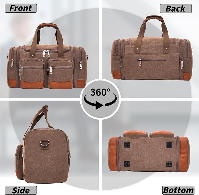Canvas Duffle Bag For Travel, 50L Expandable Carry on Overnight Travel Duffel Bags with Laptop Compartments Weekend Gym Bag for Men(Coffee) - Image 7