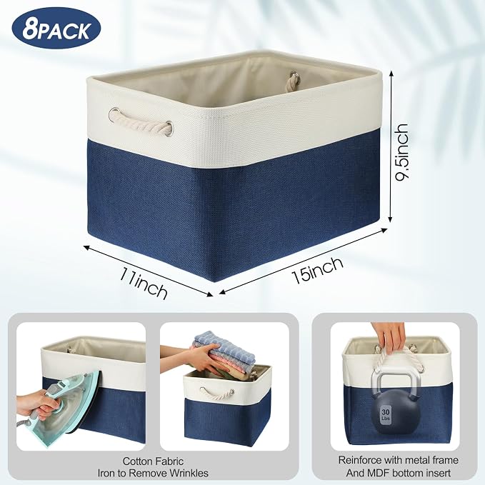 meekoo 8 Pack Collapsible Storage Bins Fabric Storage Bins Polyester Fabric Baskets with Handles Linen Closet Organizer for Shelf Home Closet Towels Toys(15 x 11 x 9.5 in,Blue White) - Image 3