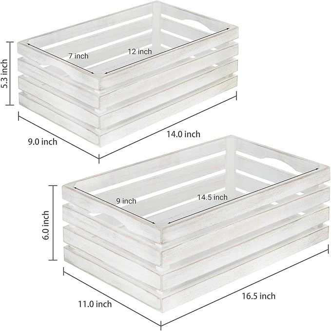 MyGift 16 and 14 Inch Shabby White Washed Solid Wood Nesting Decorative Storage Crates, Vintage Farmhouse Wooden Stackable Open Top Bin Boxes, 2 Piece Set - Image 4