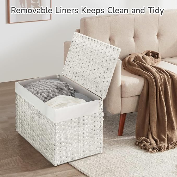 240L Wicker Storage Basket with Lid, Handwoven Rattan Large Shelf Basket with Removable Liner, 63.5 Gallon Wicker Basket for Blanket, Storage Trunk with Handle for Closet, Bedroom, Livingroom, White - Image 3