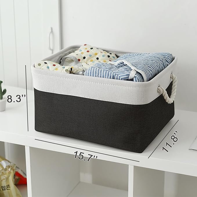 Storage Basket for Organizing - Large 3 Pack 15.7x11.8x8.3 inch Collapsible Storage Bin for Shelves with Handles Laundry Cube Toy Closet Nursery (Whiet & Black) - Image 5