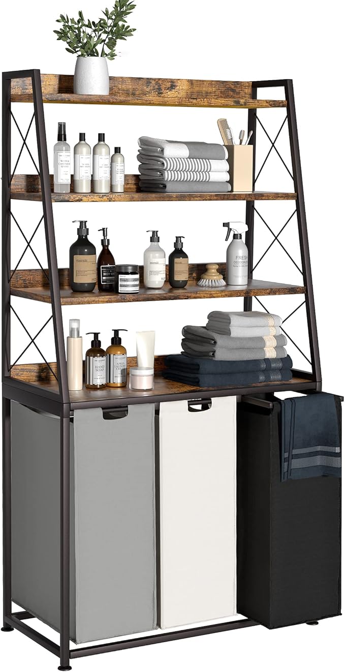 Herture Laundry Basket, 3 Section Laundry Hamper with 4 Tiers Shelf, Pull-Out and Removable Laundry Bags, Large 3 x 15.87 Gallons, for Laundry Room Bathroom Rustic Brown PF05XLN by Herture