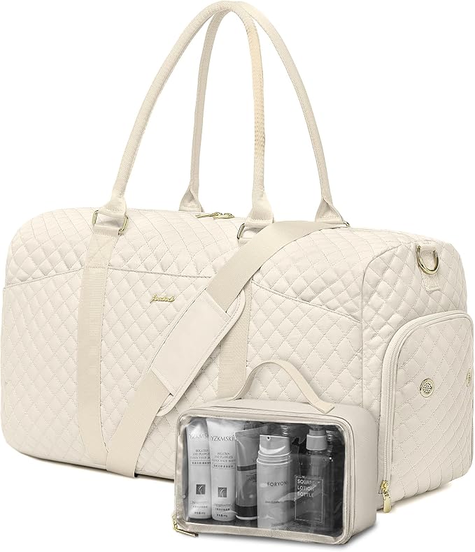 Women Weekender Travel Duffle Bag: Travel Duffel Overnight Bags with Shoe Compartment Large Carry on Tote with Toiletry Bag Weekend Traveling Yoga Gym Hospital Bag for Women with Wet Pocket Beige by FOCDOD