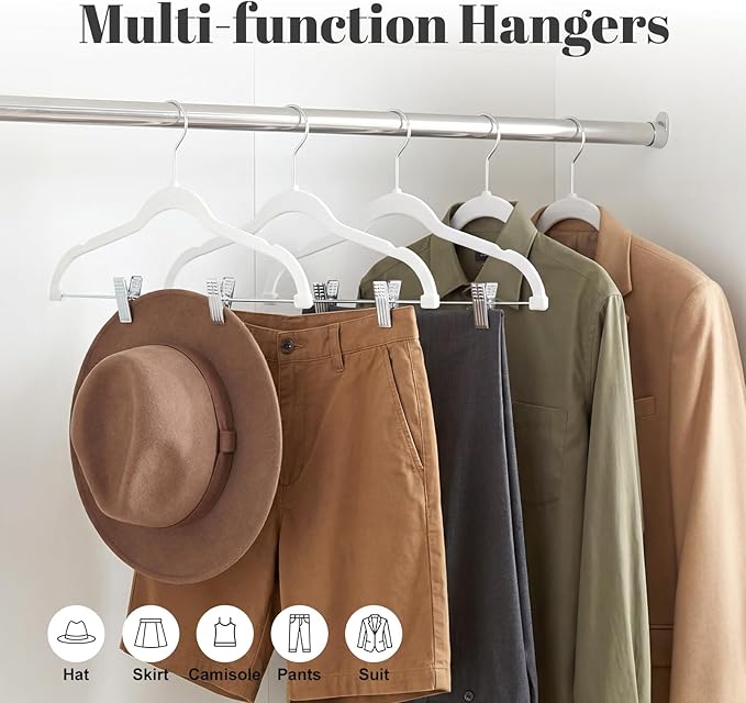 HOUSE DAY Velvet Skirt Hangers 24 Pack, White Velvet Hanger with Adjustable Clips, Space Saving Slim Pant Hangers, Heavy Duty Non Slip Clip Hanger for Pants, Skirts, Shorts | Velvet Hanger with Adjustable Clips, Space Saving Velvet Pant Hangers, Heavy ... - Image 3