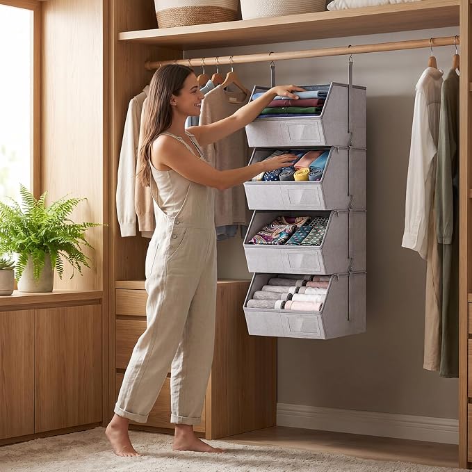4-Tier Hanging Closet Organizer, Detachable Hanging Storage Shelves with Reinforced Side Panels, Hanging Closet Organizer for Clothes, Sweaters, Towels, Socks & Accessories, Gray - Image 2