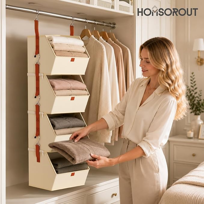 Hanging Closet Organizer 4 Tier - Clothes Hanging Shelves, Space-Saving Closet System, Fabric Storage Bins Bedroom Organization, Collapsible Baskets for Home, Dorm, Rv, Beige, 8 Pack - Image 6