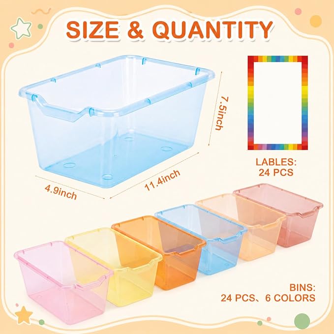 Funrous 24 Pack Plastic Cubby Bins for Classroom, Stackable Storage Bins with Rainbow Labels and Handles Cubby Organizer Containers for Teacher Supplies Home Office Daycare and Playroom (Orange) - Image 2