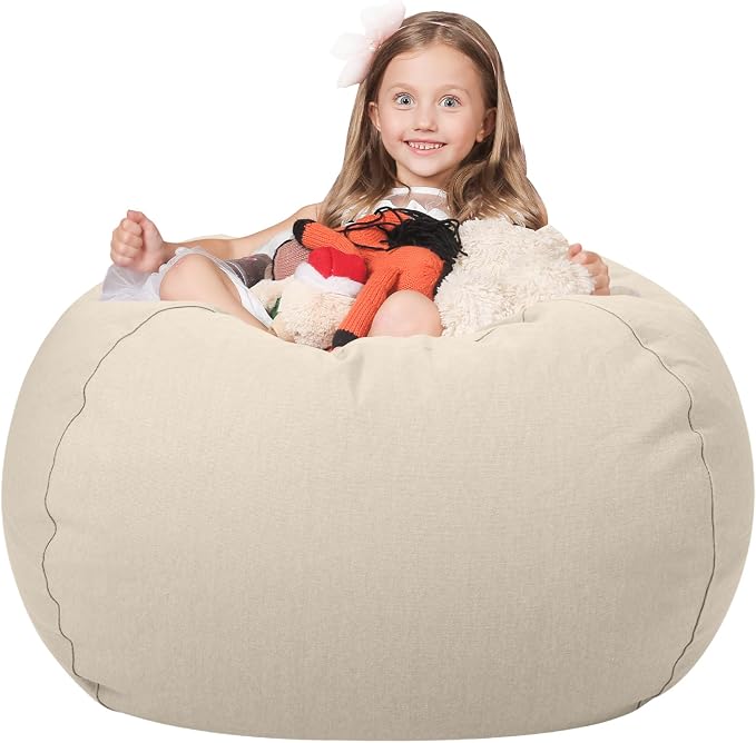 Wekapo Stuffed Animal Storage Bean Bag Chair Cover for Kids | Stuffable Zipper Beanbag for Organizing Children Plush Toys Large Premium Cotton Canvas (Almond Oil, XX-Large) by Wekapo