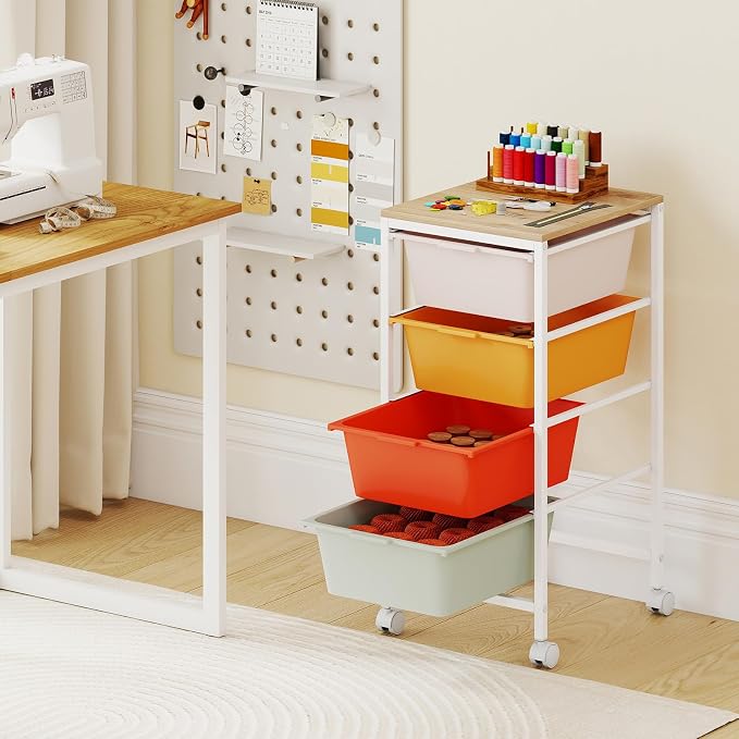 GOFLAME 4-Drawer Rolling Storage Cart, Craft Storage Cart with Wooden Tabletop and Lockable Wheels, Art Cart Supply Storage Organizer with Metal Frame for Home Office Classroom, Macaron Color - Image 2