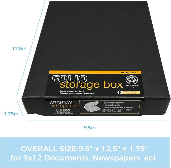 Lineco Clamshell Archival Storage Box, 9.5x12.5x1.75 Inch, Black | Acid-Free with Metal Edge Boxboard, Organize and Store Photos Documents Cards Negatives Magazine Prints Family Records DIY - Image 2