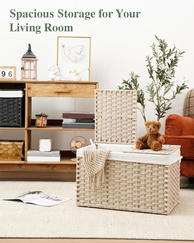 SETVSON Storage Basket with Lid 105L PE Rattan Storage Bin Light Khaki | 2 Removable Liners for Clothes & Blankets, 105L Storage Bin with 2 Separate Lids,Sturdy Metal Frame, PE Rattan - Image 3