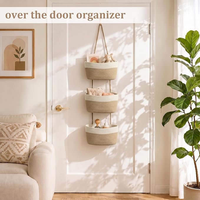 TeoKJ Over the Door Hanging Basket, 3-Tier Woven Cotton Wall-Mounted Storage Organizer Bag Decorative Hanging Nursery Baskets, White & Jute - Image 2