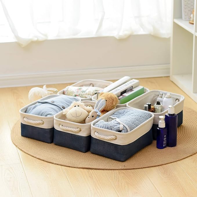 Storage Basket for Organizing - 12x8x5.2 inch Small 6 Pack Fabric Storage Bin Collapsible Baskets for Shelves with Rope, Storage Box for Cloth Decorative Laundry Canvas(White & Blue) - Image 2