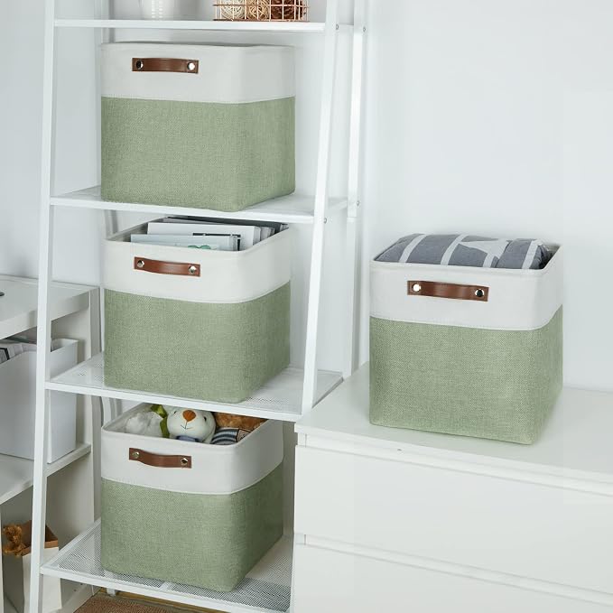 Temary Fabric Storage Bins for Organizing Clothes, Closet Baskets with Handles - Decorative Storage Boxes for Home (White & Green, 12 Inch, 4 Pack) - Image 5
