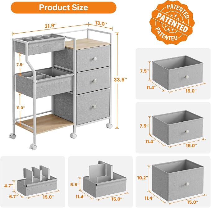 Modanais Baby Diaper Caddy Organizer Rolling Cart with Drawers, Light Gray | Detachable Dividers, 3 Tier Rolling Cart, Mobile Utility Cart with Wheels for Nursery, Bedroom, Changing Table & Crib - Image 2