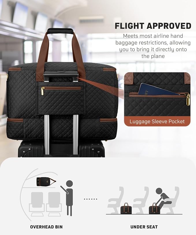 Duffle Bag for Travel, 40L Weekender Bag with Shoe Compartment, Carry On Overnight Bag for Women with Toiletry Bag Duffel Bags with Wet Pocket for Gym Hospital Bags for Labor and Delivery Black Brown - Image 6