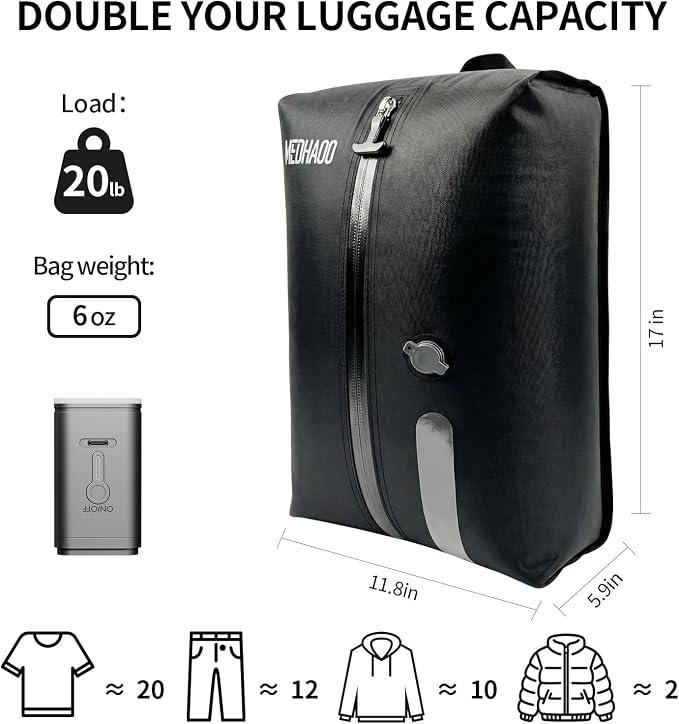 Vacuum Seal Bags for Clothing, Luggage Vacuum Bags for Travel with Pump, Reusable Compression Bags for Carry-On Suitcase & Travel Backpack (Black, 2 PC -With Pump) - Image 4