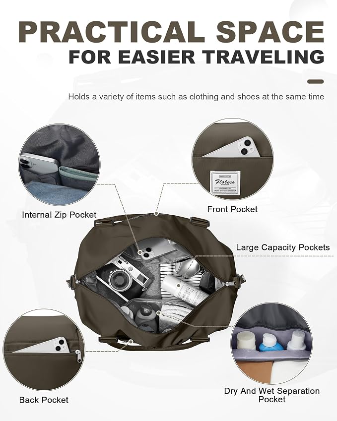 Travel Duffel Weekender Bag Women Tote Carry On Bags With Shoe Compartment | 18x14x8 inches Travel Overnight Bags with Trolley Sleeve for Airplanes Sport Tote Gym for Men Lightweight Daypack DarkBrown - Image 3