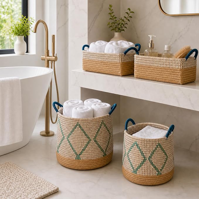 Handwoven Sea Grass Storage Baskets Set of 4-2 Round & 2 Square Woven Bins with Handles by Vietnamese Artisans, Natural Fiber Organizer for Living Room, Bathroom, Nursery, Shelves - Image 3