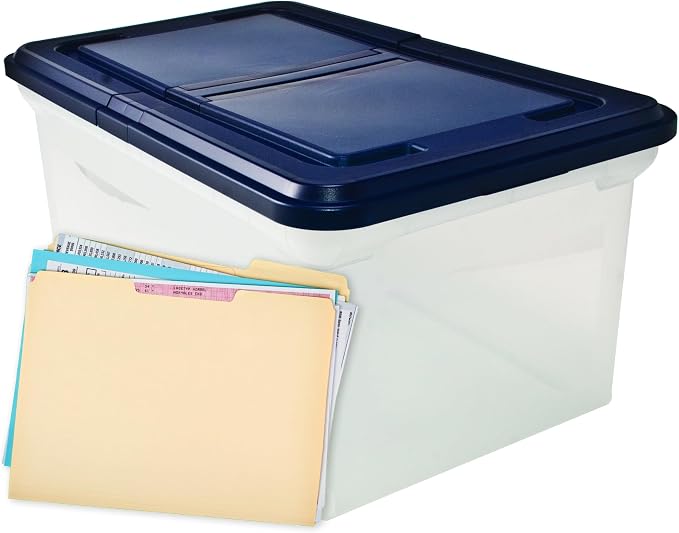 Innovative Storage Designs 55797 File Tote with Hinged Lid, Letter, Plastic, Clear/Navy by Advantus