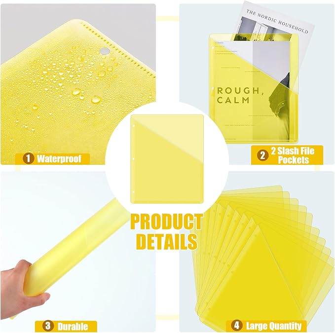 Seajan 48 Pcs Binder Pocket Folders, Clear 3 Ring Binder, Yellow | Plastic Folders Sleeves with 2 Pockets, Poly Slash File Jackets, 3 Hole Punched Dividers for School, Office, Documents - Image 3